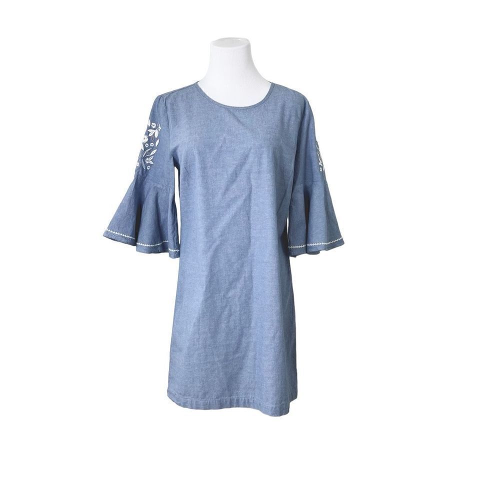 Mud Pie Chambray Blue‎ 3/4 Embroidered Bell Sleeves Shift Dress Sz Small